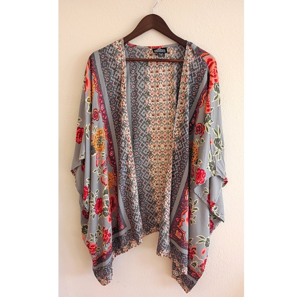 Angie Open Front Kimono 2X Cardigan Floral Patchwork Print Boho Rayon Grey Red‎
